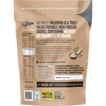 Back of the 400g PaleoPro Egg White Protein tub showing nutritional facts and ingredients on a white background.