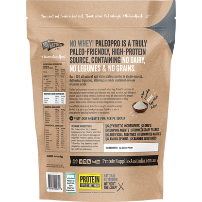 Back of the 400g PaleoPro Egg White Protein tub showing nutritional facts and ingredients on a white background.