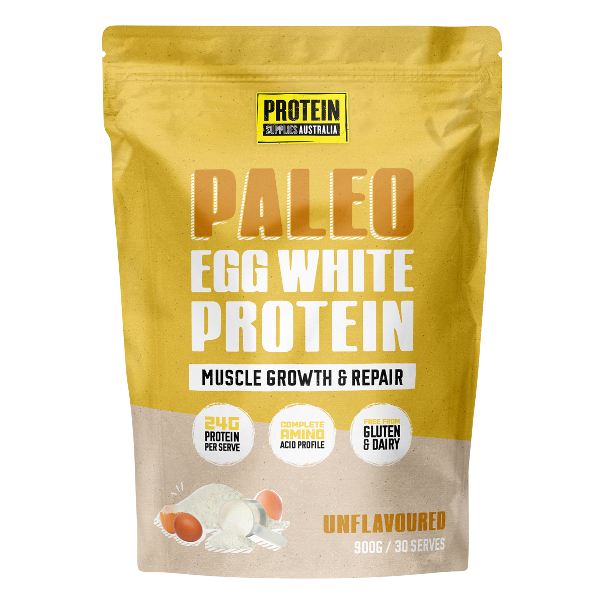 900g bag of Protein Supplies Australia Paleo Egg White Protein Unflavoured with a clean, white and blue label.