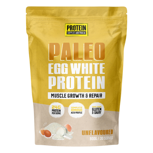 900g bag of Protein Supplies Australia Paleo Egg White Protein Unflavoured with a clean, white and blue label.