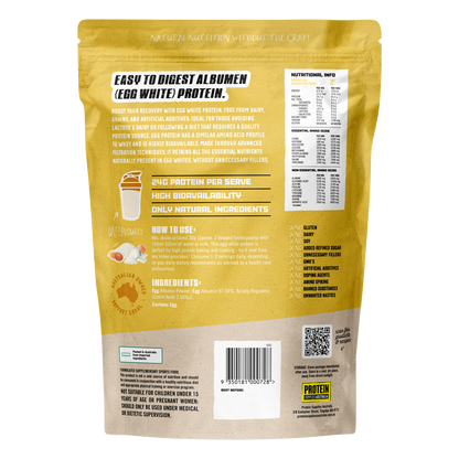 Back of Protein Supplies Australia Paleo Egg White Protein 900g bag showing nutritional facts and ingredients.