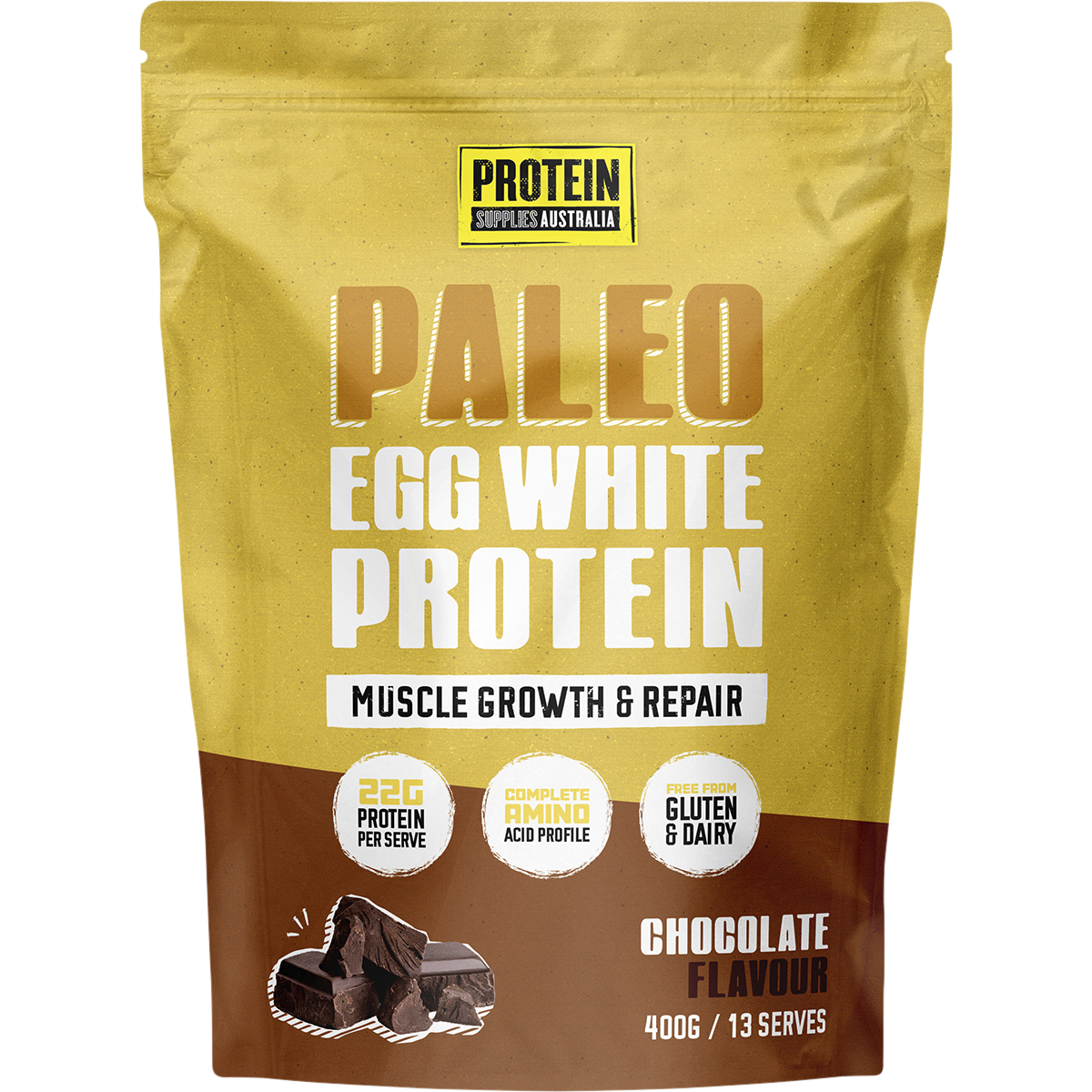 400g tub of Protein Supplies Australia Chocolate Paleo Egg White Protein powder with a clean, dark label.