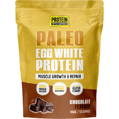 400g tub of Protein Supplies Australia Chocolate Paleo Egg White Protein powder with a clean, dark label.