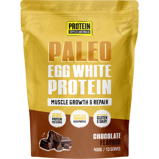 400g tub of Protein Supplies Australia Chocolate Paleo Egg White Protein powder with a clean, dark label.