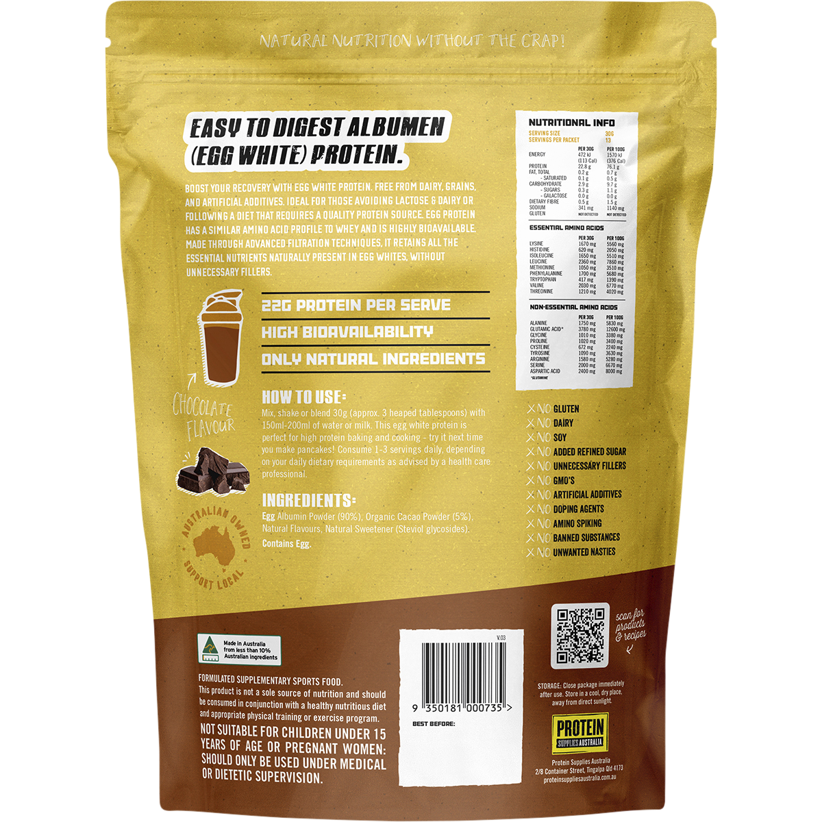 Back of a 400g tub of Protein Supplies Australia Chocolate Paleo Egg White Protein showing nutritional information.