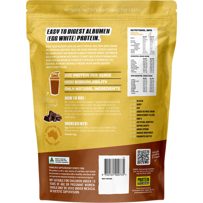 Back of a 400g tub of Protein Supplies Australia Chocolate Paleo Egg White Protein showing nutritional information.