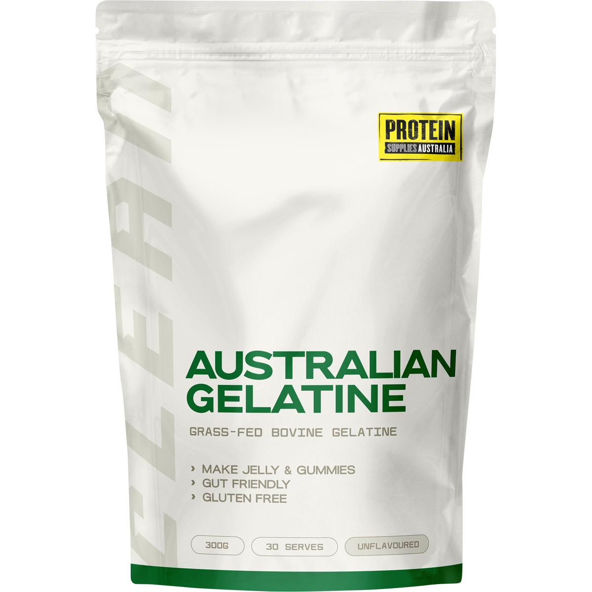 300g bag of Protein Supplies Australia Australian Gelatine Unflavoured, a pasture-raised bovine protein powder.