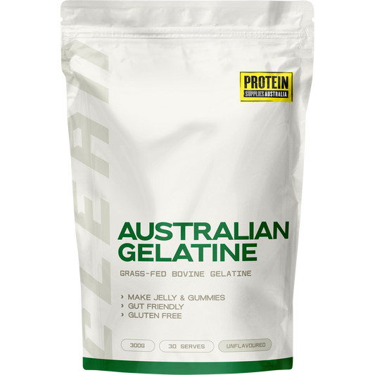 300g bag of Protein Supplies Australia Australian Gelatine Unflavoured, a pasture-raised bovine protein powder.