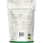 Back of 300g Protein Supplies Australia Australian Gelatine pouch with nutritional facts and usage instructions.