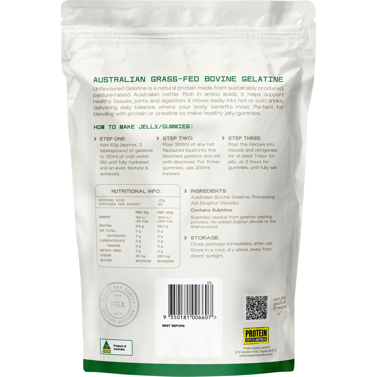 Back of 300g Protein Supplies Australia Australian Gelatine pouch with nutritional facts and usage instructions.