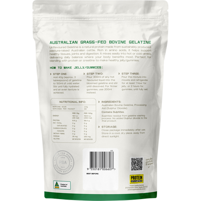 Back of 300g Protein Supplies Australia Australian Gelatine pouch with nutritional facts and usage instructions.