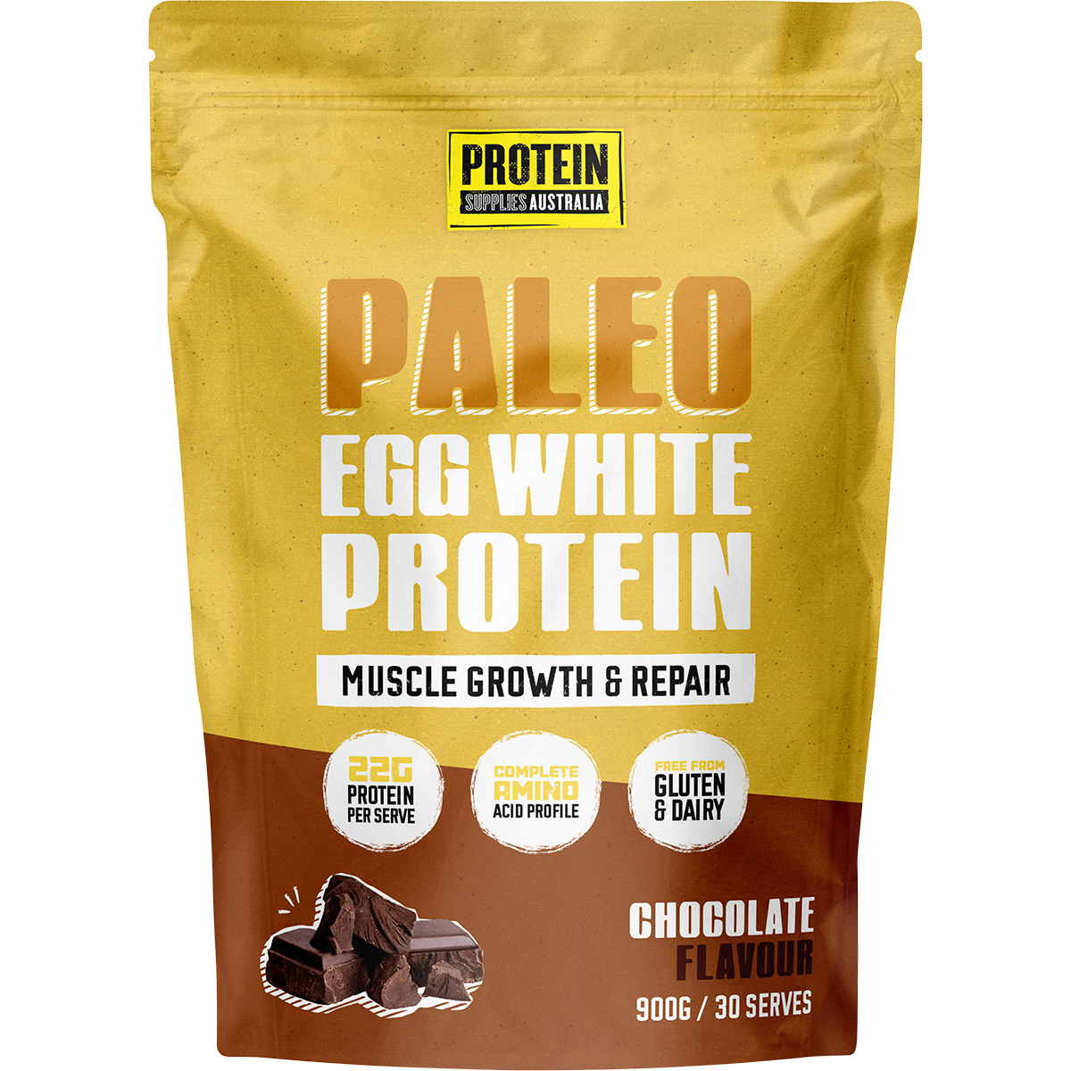 Protein Supplies Australia 900g Paleo Egg White Protein Chocolate tub with cacao illustrations and product labels.