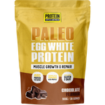 Protein Supplies Australia 900g Paleo Egg White Protein Chocolate tub with cacao illustrations and product labels.