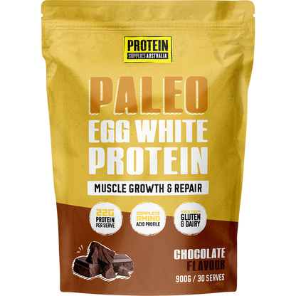 Protein Supplies Australia 900g Paleo Egg White Protein Chocolate tub with cacao illustrations and product labels.