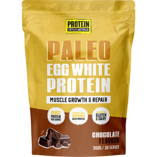 Protein Supplies Australia 900g Paleo Egg White Protein Chocolate tub with cacao illustrations and product labels.