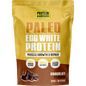 Protein Supplies Australia 900g Paleo Egg White Protein Chocolate tub with cacao illustrations and product labels.