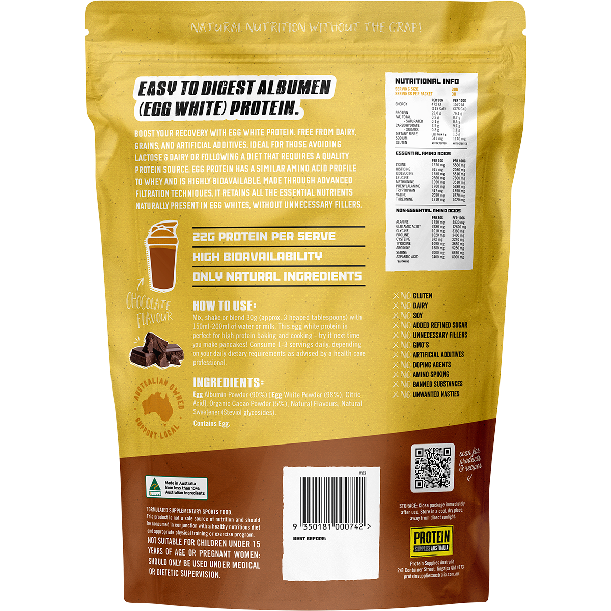 Back of 900g Paleo Egg White Protein Chocolate tub showing nutritional information and ingredients on a white background.