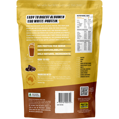 Back of 900g Paleo Egg White Protein Chocolate tub showing nutritional information and ingredients on a white background.