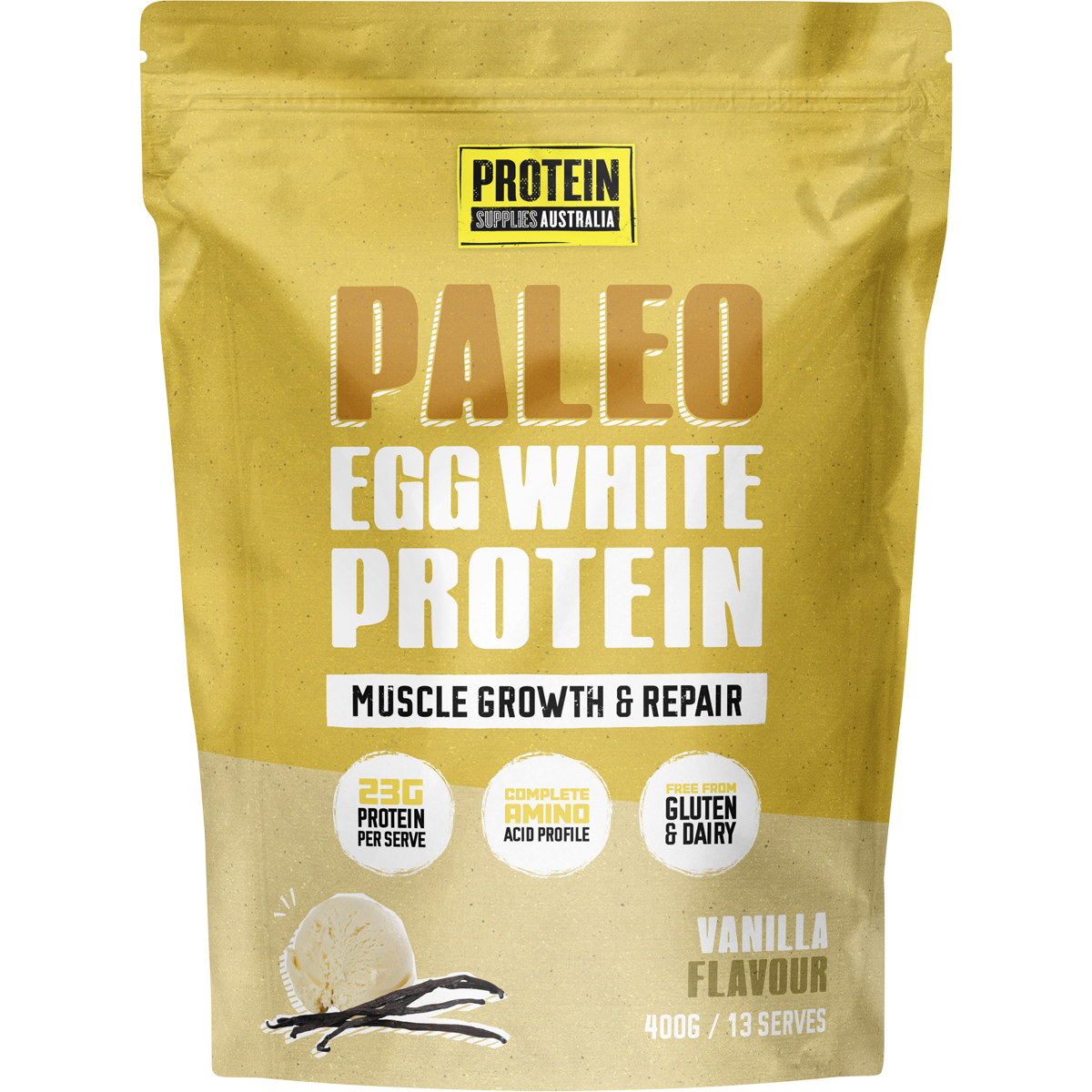 400g pouch of Protein Supplies Australia Paleo Pro Vanilla Bean egg white protein powder on a white background.
