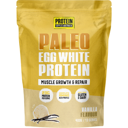 400g pouch of Protein Supplies Australia Paleo Pro Vanilla Bean egg white protein powder on a white background.
