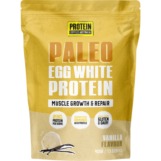 400g pouch of Protein Supplies Australia Paleo Pro Vanilla Bean egg white protein powder on a white background.
