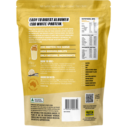 Back of Protein Supplies Australia Paleo Pro Vanilla 400g pouch showing nutrition facts and ingredients.