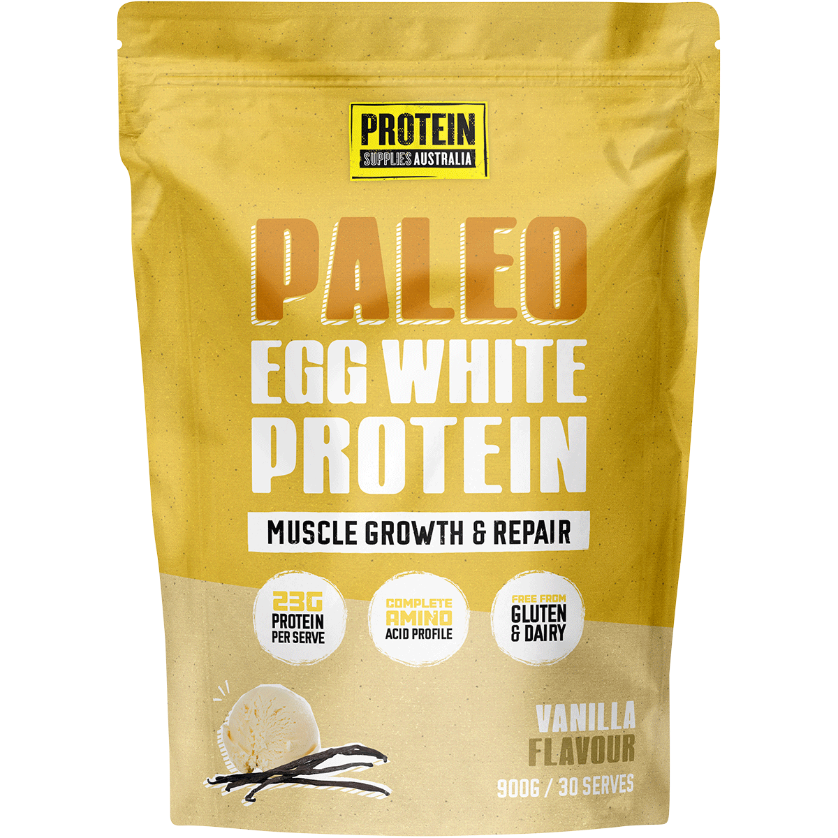 Protein Supplies Australia Paleo Egg White Protein Vanilla 900g tub with a natural vanilla bean illustration.