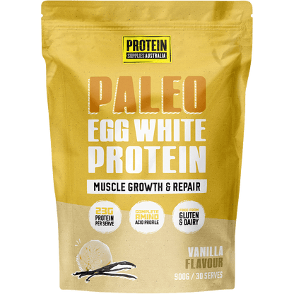 Protein Supplies Australia Paleo Egg White Protein Vanilla 900g tub with a natural vanilla bean illustration.