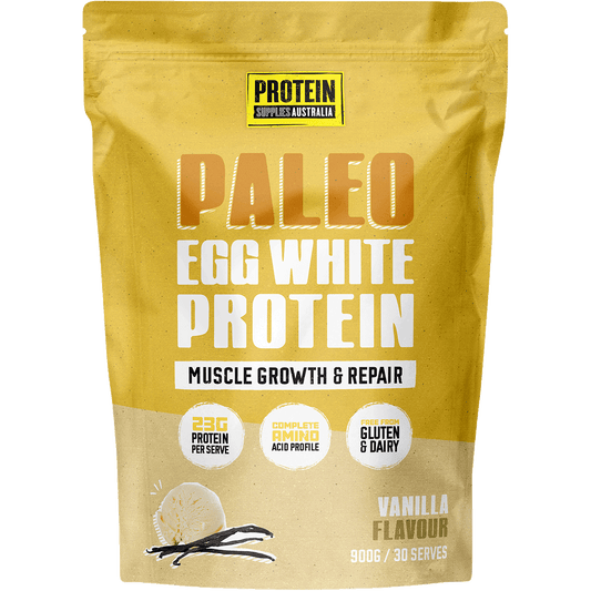 Protein Supplies Australia Paleo Egg White Protein Vanilla 900g tub with a natural vanilla bean illustration.