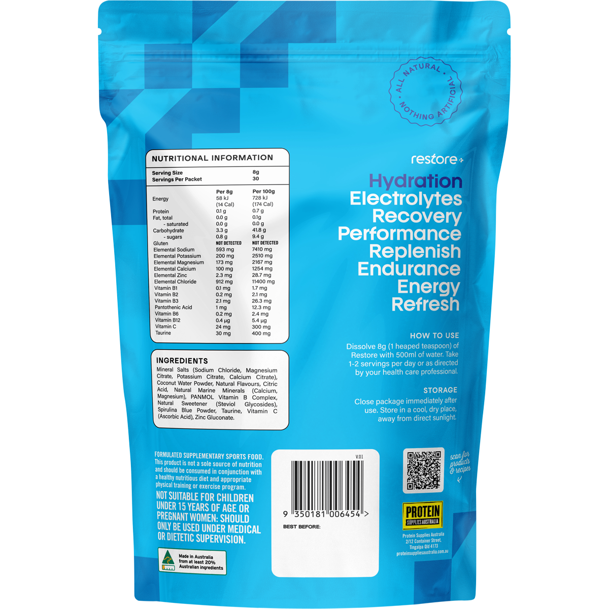 Back of Protein Supplies Australia Blue Raspberry Restore 240g pouch showing nutritional information and ingredients.