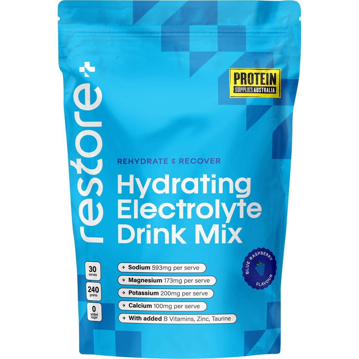 Protein Supplies Australia Blue Raspberry Restore electrolyte drink mix 240g pouch with coconut water and vitamins.