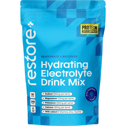 Protein Supplies Australia Blue Raspberry Restore electrolyte drink mix 240g pouch with coconut water and vitamins.