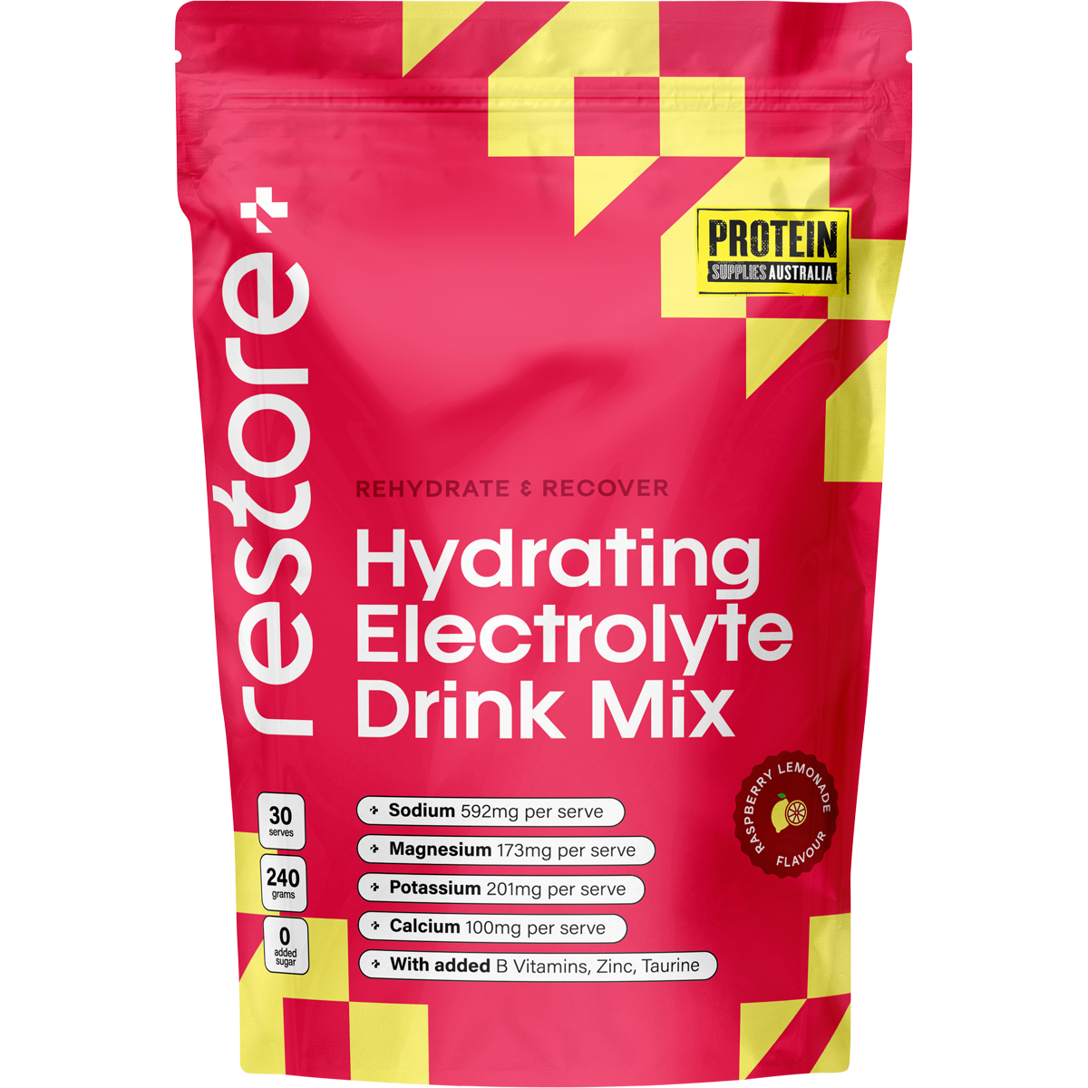 240g pouch of Protein Supplies Australia Restore Electrolyte Drink Mix in Raspberry Lemonade flavor.