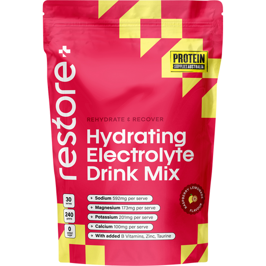 240g pouch of Protein Supplies Australia Restore Electrolyte Drink Mix in Raspberry Lemonade flavor.