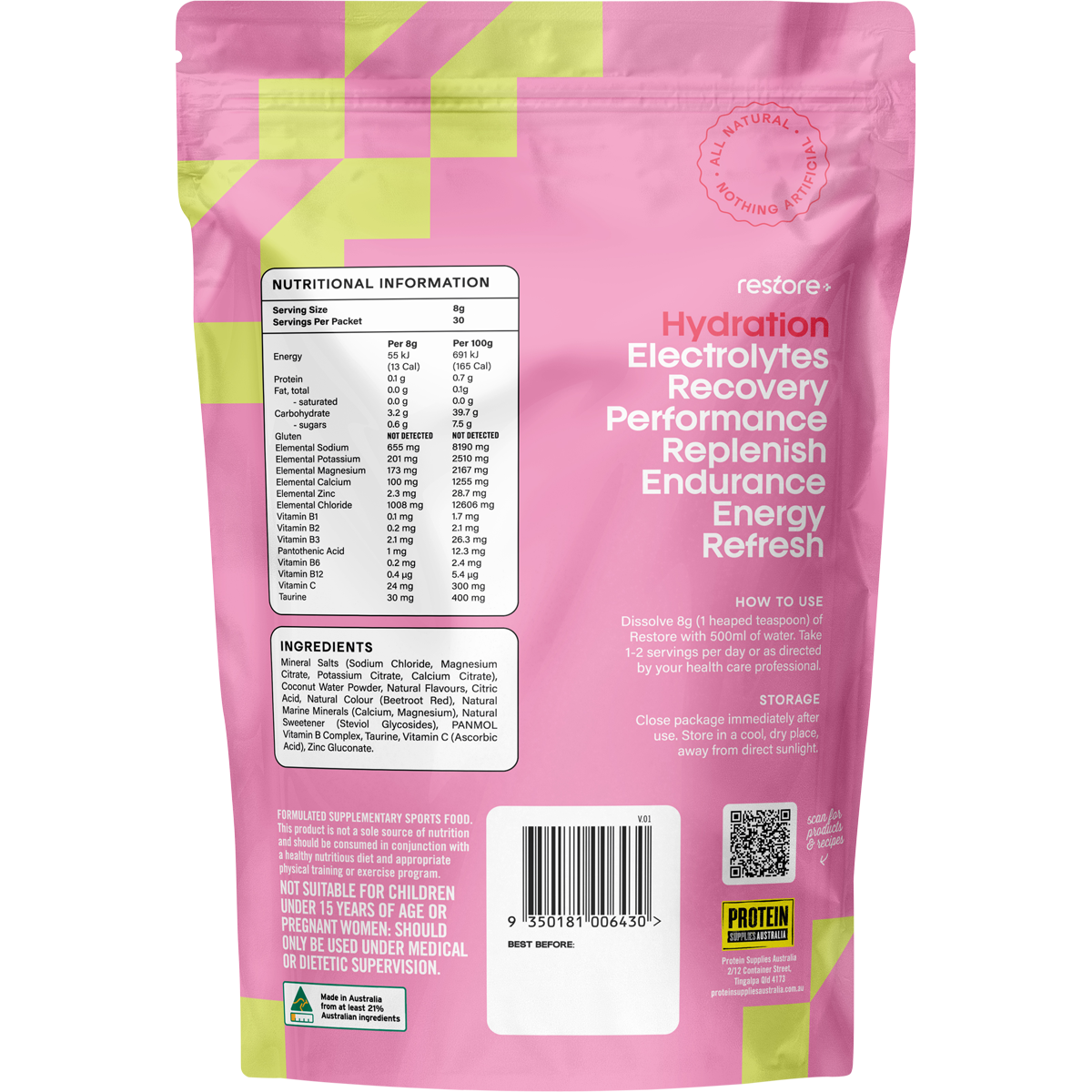 Back of Protein Supplies Australia Restore Strawberry & Lime 240g tub showing ingredients and nutritional information.