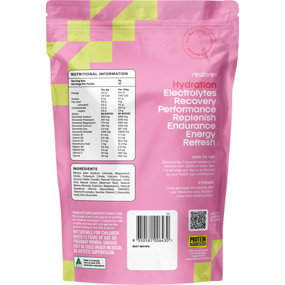 Back of Protein Supplies Australia Restore Strawberry & Lime 240g tub showing ingredients and nutritional information.