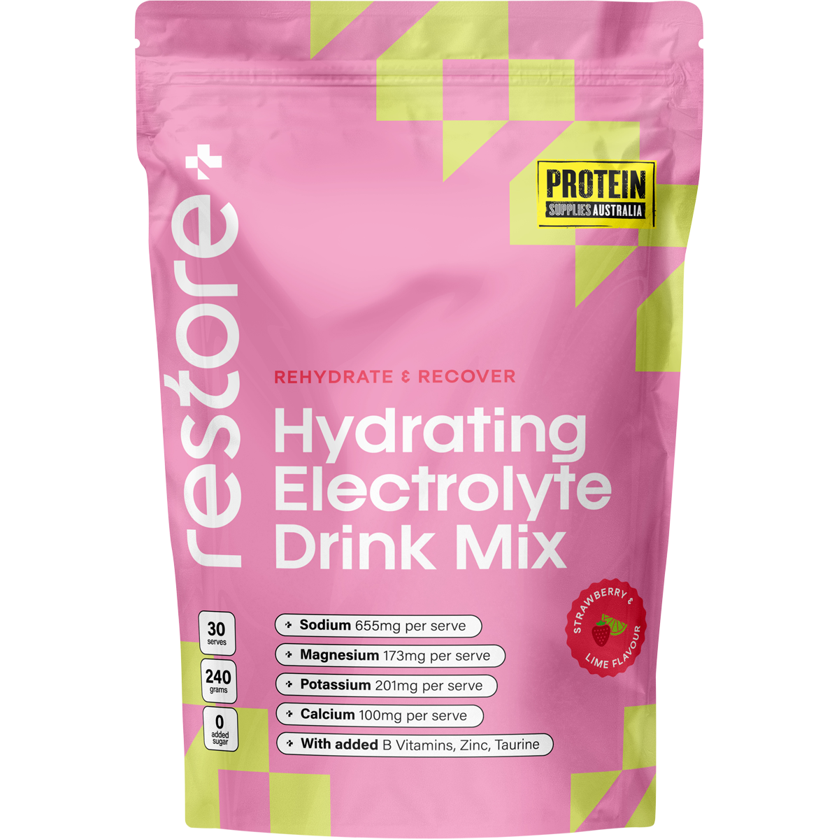 Protein Supplies Australia Restore Strawberry & Lime 240g tub, featuring a clean white and pink design.