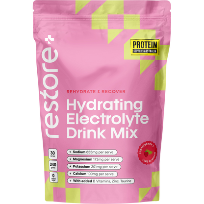 Protein Supplies Australia Restore Strawberry & Lime 240g tub, featuring a clean white and pink design.