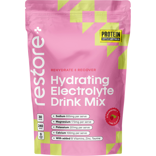 Protein Supplies Australia Restore Strawberry & Lime 240g tub, featuring a clean white and pink design.