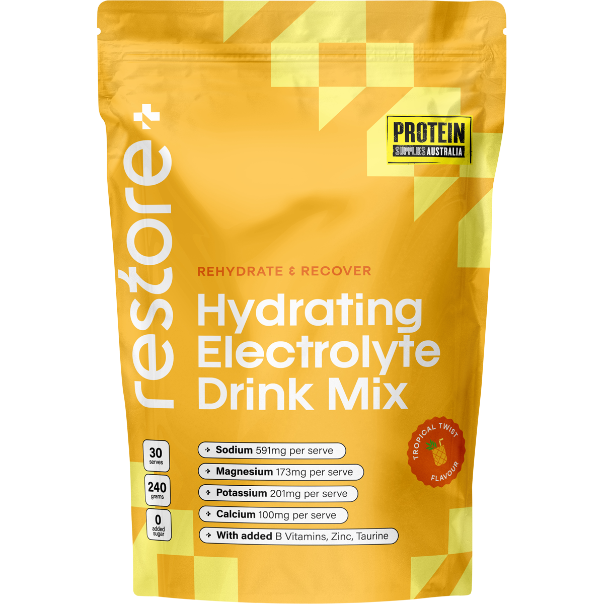 240g tub of Protein Supplies Australia Restore Electrolyte Drink Mix in Tropical Twist flavor on a white background.