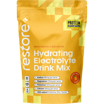 240g tub of Protein Supplies Australia Restore Electrolyte Drink Mix in Tropical Twist flavor on a white background.