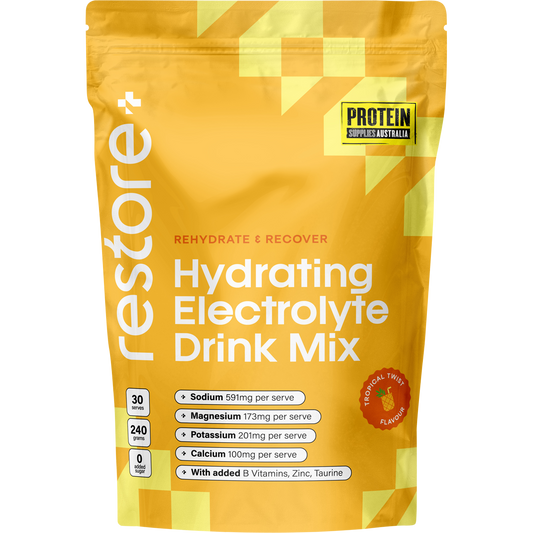 240g tub of Protein Supplies Australia Restore Electrolyte Drink Mix in Tropical Twist flavor on a white background.