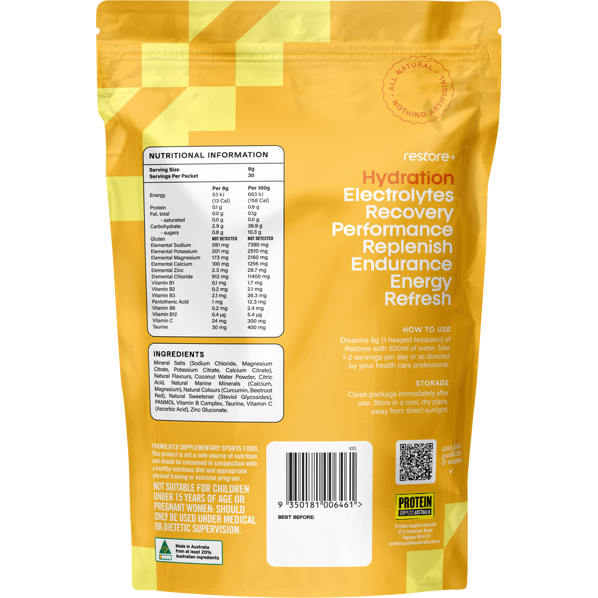 Back of a 240g Tropical Twist Restore Electrolyte Drink Mix tub showing nutritional information and ingredients.