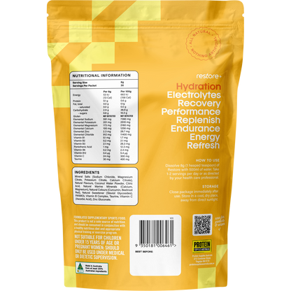 Back of a 240g Tropical Twist Restore Electrolyte Drink Mix tub showing nutritional information and ingredients.