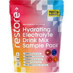A stand-up pouch of restore+ Hydrating Electrolyte Drink Mix Sample Pack by Protein Suppliers Australia, featuring a vibrant pink-to-purple-to-orange gradient design with white text and colorful ingredient icons.