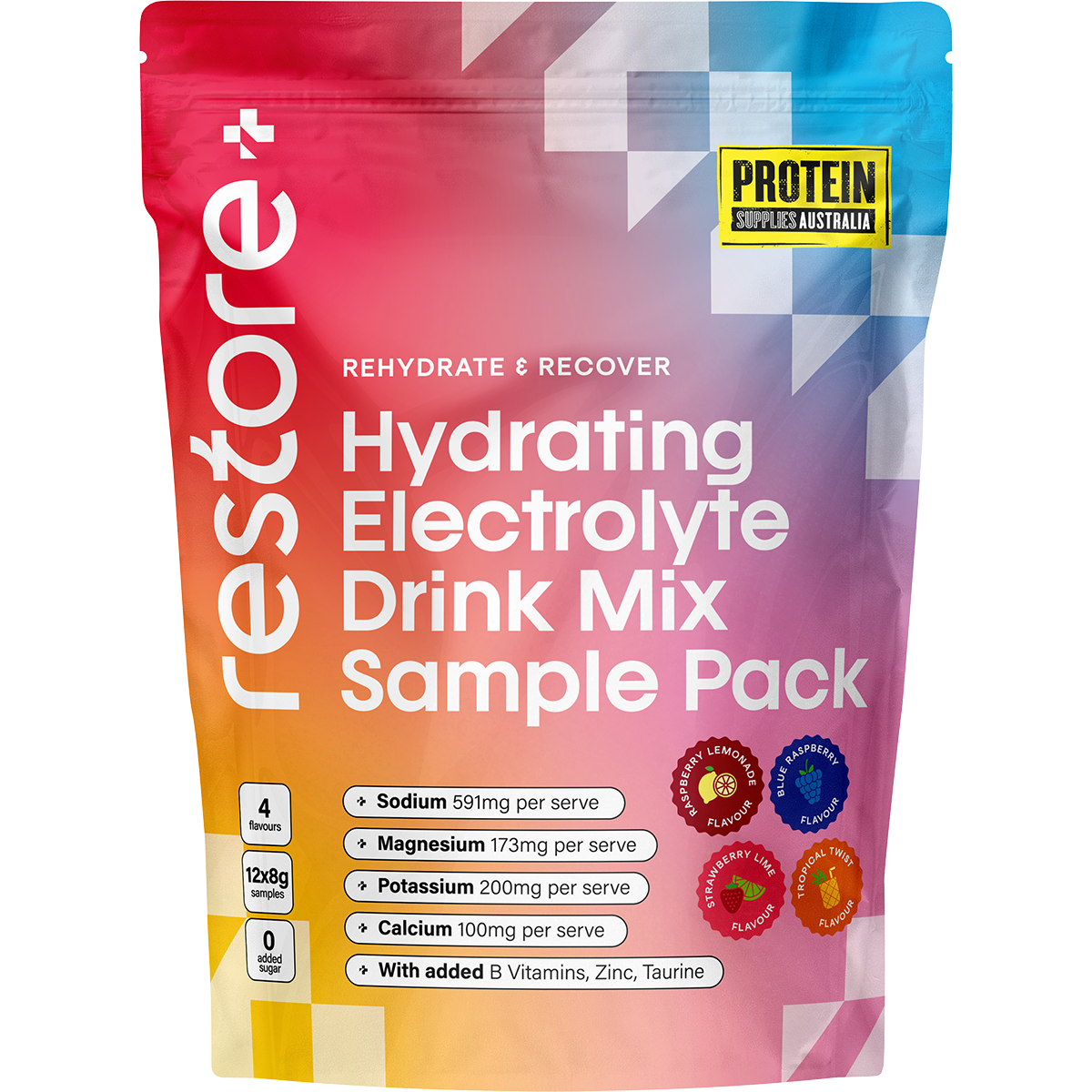 A stand-up pouch of restore+ Hydrating Electrolyte Drink Mix Sample Pack by Protein Suppliers Australia, featuring a vibrant pink-to-purple-to-orange gradient design with white text and colorful ingredient icons.