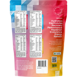 The back of a resealable supplement pouch shown against a plain white background. The pouch has a pink-to-purple-to-blue gradient with printed nutrition facts, usage instructions, a barcode, and branding text including 'restore+' and 'Protein'.