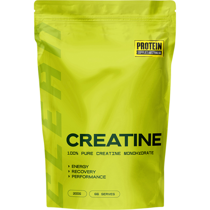 200g tub of Protein Supplies Australia Creatine Monohydrate Pure, a white powder supplement for strength and recovery.