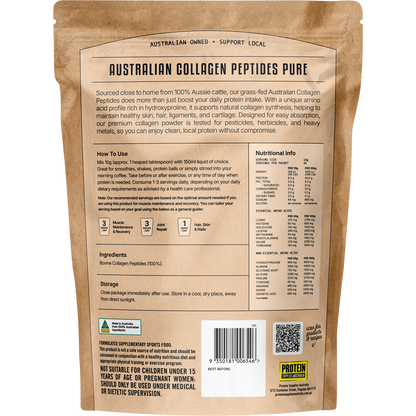 Back label of 450g Protein Supplies Australia Collagen Peptides tub with ingredients and nutritional facts.