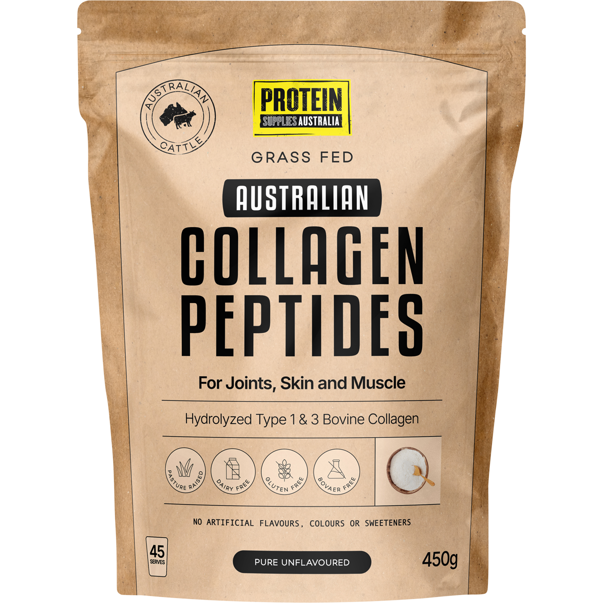 450g tub of Protein Supplies Australia Australian Collagen Peptides Pure Unflavoured on a white background.